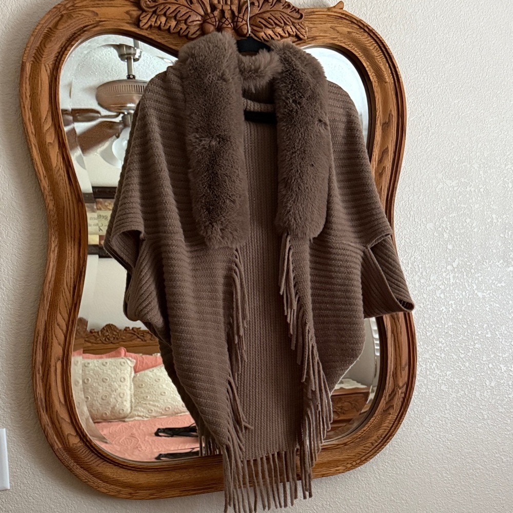 Macy's Brown Poncho with Faux Fur Collar